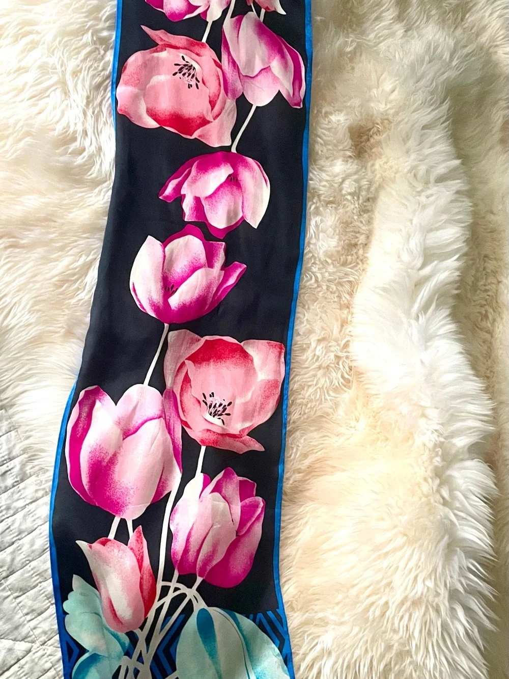 Vintage Oscar de la Renta Silk Scarf Tulip Floral Pink Blue Black Oblong
